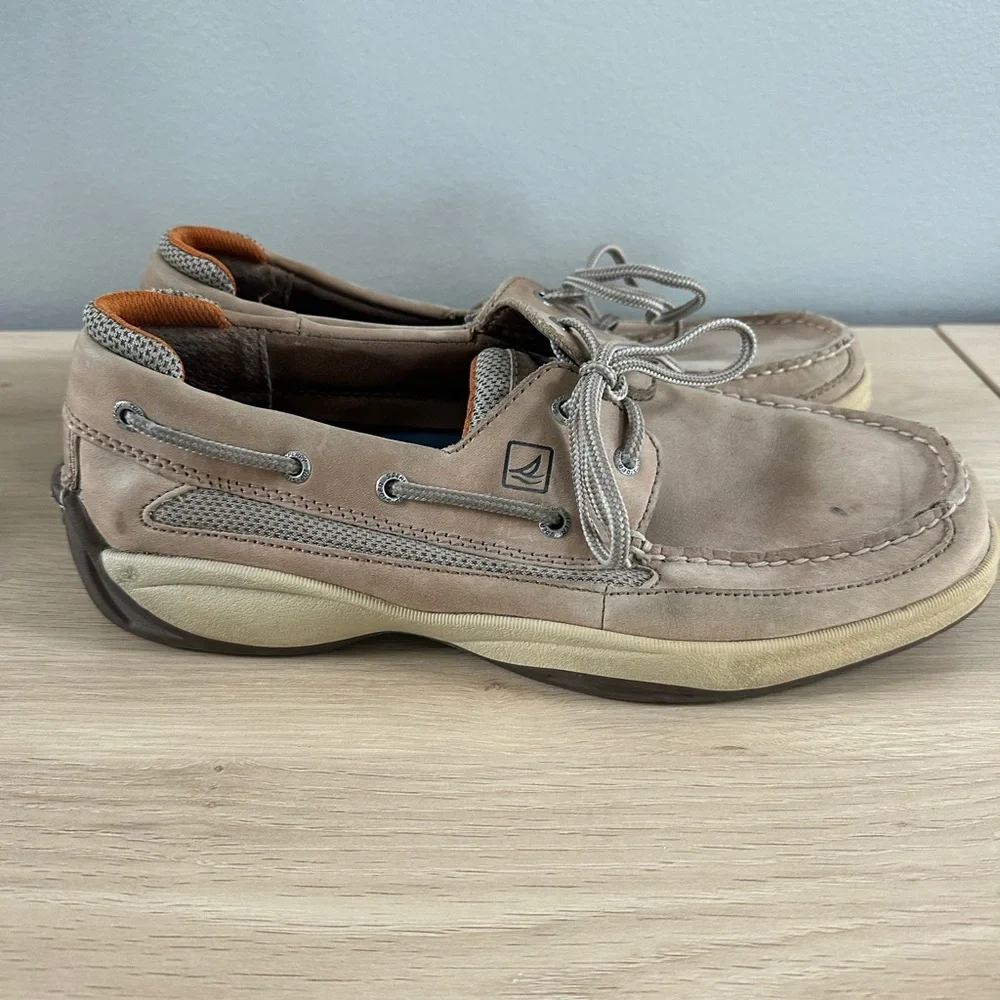 Sperry Men’s Suede Boat Shoes in Light Beige with Tan Trim